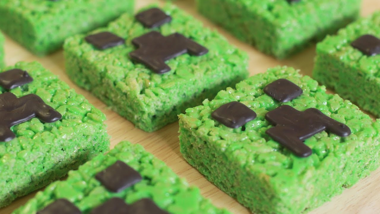 Bocadillos de Rice Krispy inspirado en Creeper de Minecraft
