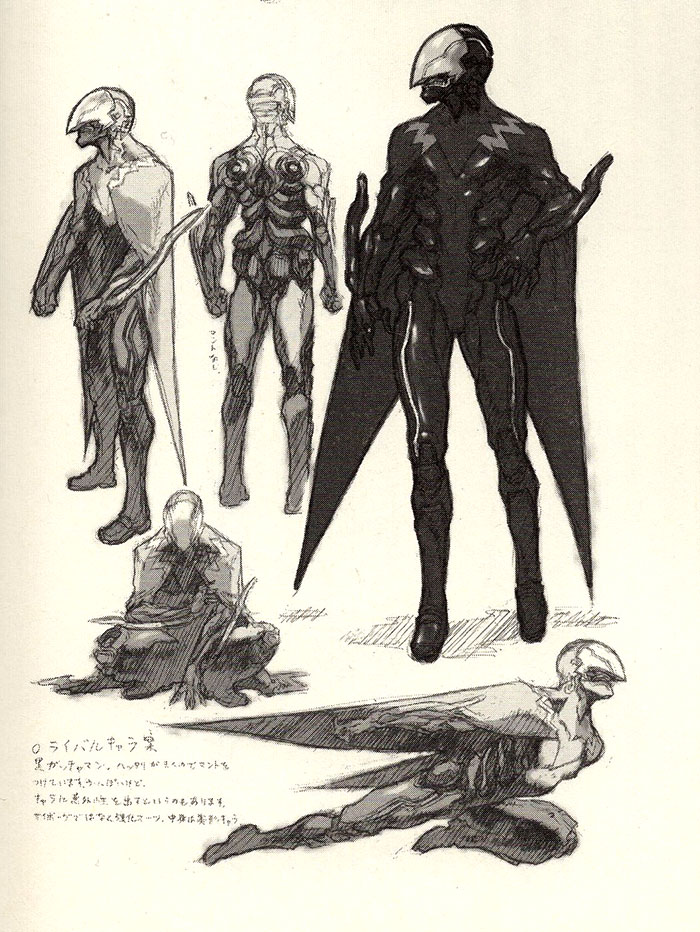 Arte conceptual de Masao del personaje "rival". El texto es demasiado borroso para distinguirlo por completo, pero se refiere a esto como un diseño "Gatchaman".