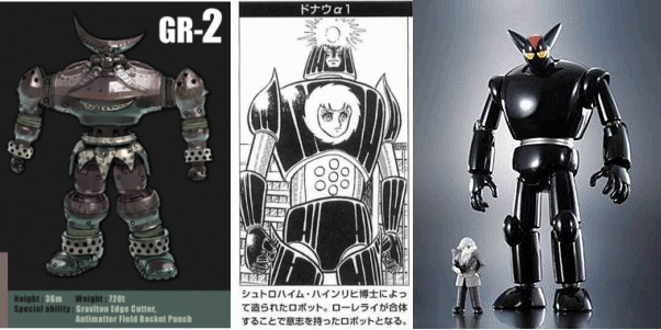 Los mechas del villano que inspiraron a Kazuma Kaneko: el GR-2, el Danubio α1 y el Black Onyx.